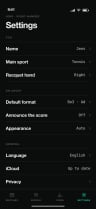 Settings for sport, format, score announcements, and iCloud sync