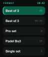 Match format picker on the watch, from best of three to a single set