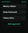 Opponent picker on the watch showing head-to-head records