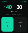 Live scoring on the watch with the current game, set score, and serve indicator
