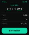 Final score on the watch with duration, average heart rate, and points played
